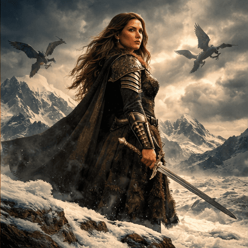 Epische Kriegerin mit Schwert in verschneiten Bergen und Drachen – Fantasy Abenteuer erleben mit IPTV Abo in HD