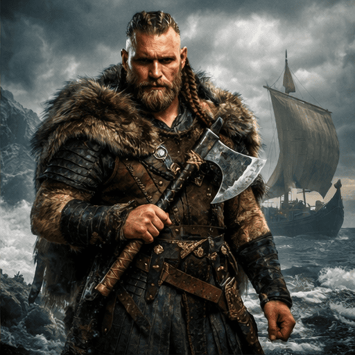 Starker Wikinger mit Axt vor Sturm und Schiff – nordisches Actionbild für Serienfans mit IPTV Abo Deutschland