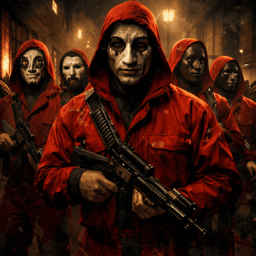 Mysteriöse Gruppe mit Masken in roten Anzügen – spannendes Heist-Drama Bild für IPTV Abo Streaming